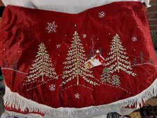 Dark Red Velvet Christmas Tree Skirt Ribbon, Embroidered Scene, Fringe 48" Diam.