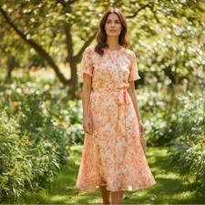 DKNY Floral Short Sleeve Godet Chiffon Midi Dress, Orange Combo, Size 14W