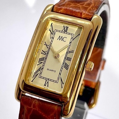 Marino Capitano Gold Tank Women Quartz Roman Dial Leather Watch 20mm Rectangular