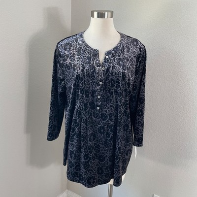 NEW Croft & Barrow Womens XL Velvet Black Gray Tunic Top 3/4 Sleeve Shirt