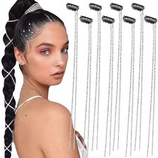 8 Pieces Long Rhinestone Hair Chains,Punk Tassel 8 Count Pack of 1 , Silver