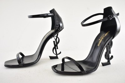 Saint Laurent Opyum 110 Black Patent Leather YSL Logo Sandal Heel