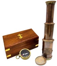 Nautical Brass Spyglass Telescope with Wooden Box, Pirate Collapsible Monocul...