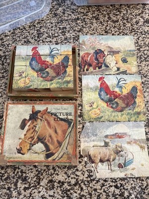 Vintage Chad Valley Picture Cubes Puzzle   Farm Animals   Wooden Blocks w/ Box