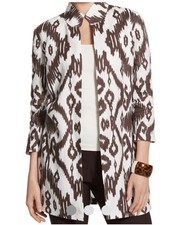 Chico's Women  s Ikat Pattern Brown  White Lightweight Linen Blazer Jacket Sz 1