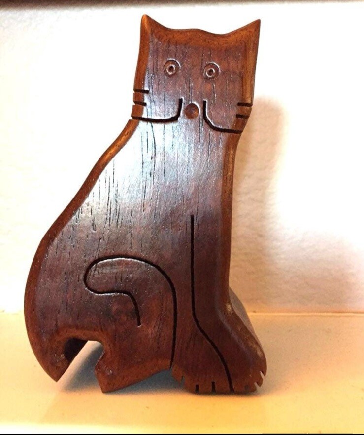 Vintage Wooden Cat Puzzle Trinket Box