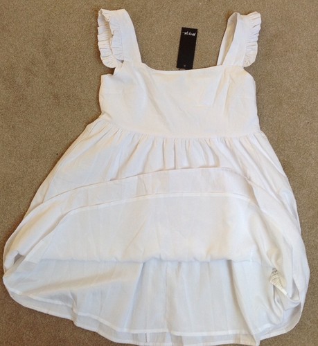 BNWT Nasty Gal Frill Shoulder White Linen Mini Dress, UK Size 4 - Picture 3 of 5