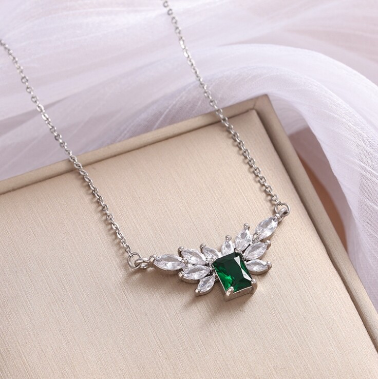 Titanium Silver/Gold Laurel Branch Leaves Flower Wing Green CZ Pendant