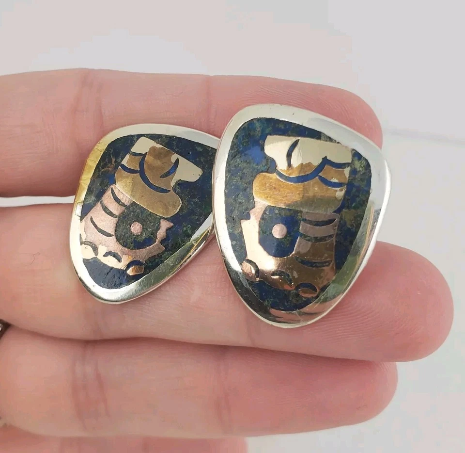 Gemelos de metal mezclado Bear Sterling gemelos Taxco incrustación de piedra azul alpaca Foto 3 de 4