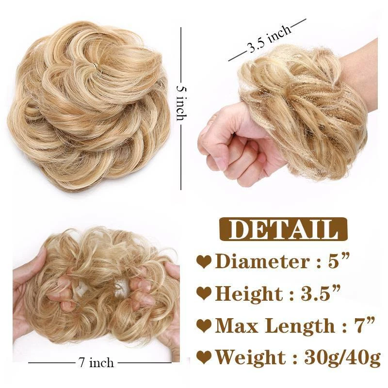 Extensiones de cabello natural rizado desordenado moño crunchie updo real como humano Foto 3 de 4
