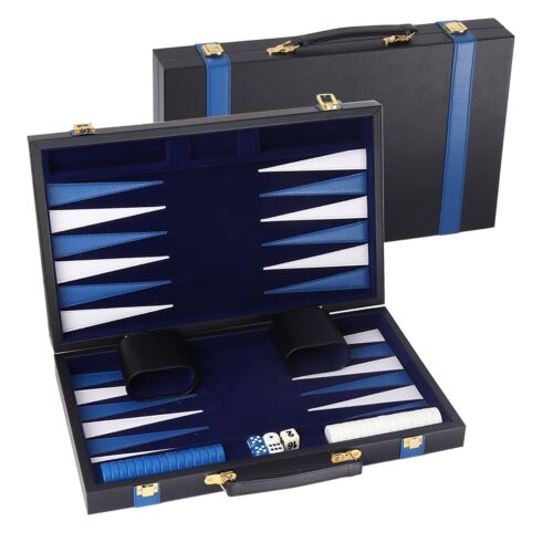 Classic Large Folding PU Leather Backgammon Board Game Set w/UREA Game Pieces - Picture 1 of 7