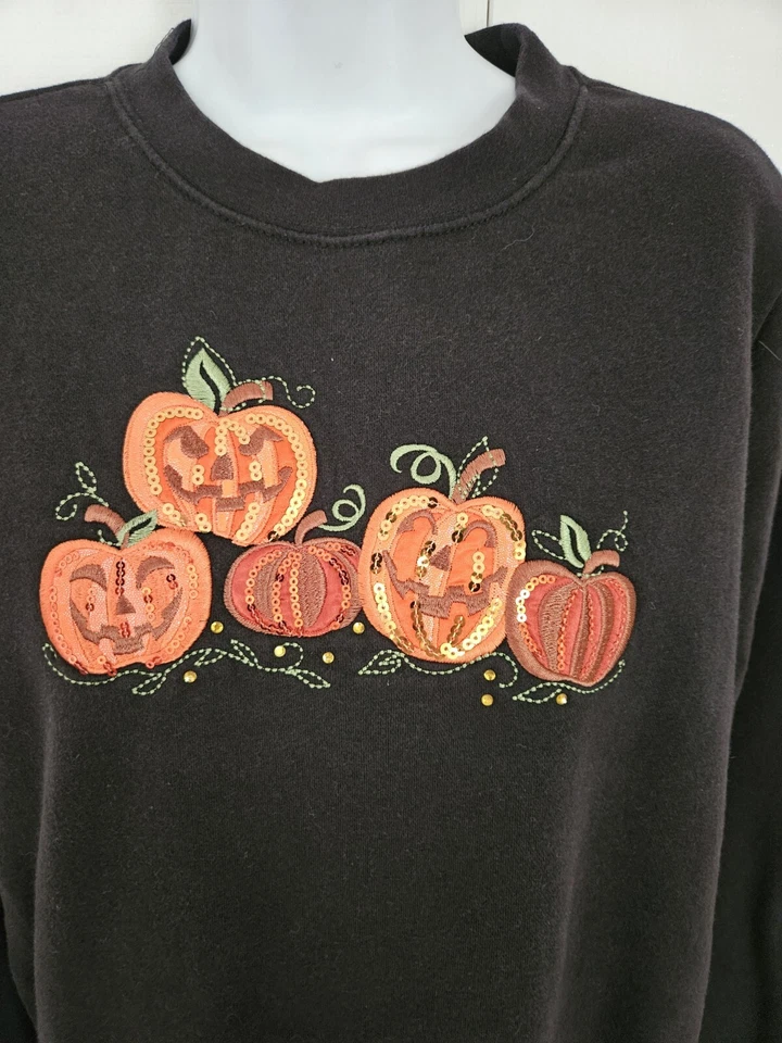 Sudadera con lentejuelas bordadas calabazas gato Halloween edición navideña talla mediana Foto 2 de 4