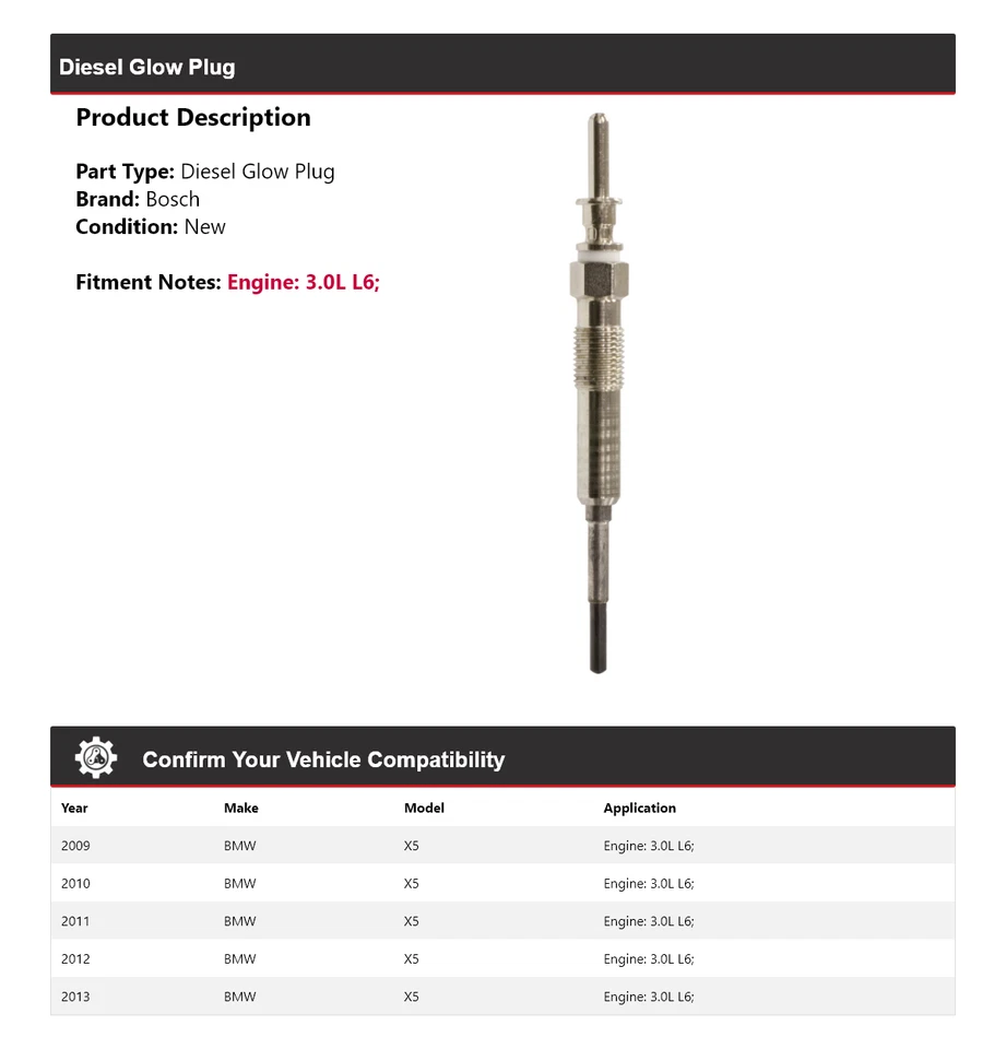 For 2009-2013 BMW X5 3.0L L6 Bosch Diesel Glow Plug 2010 2011 2012 - Image 2 of 3