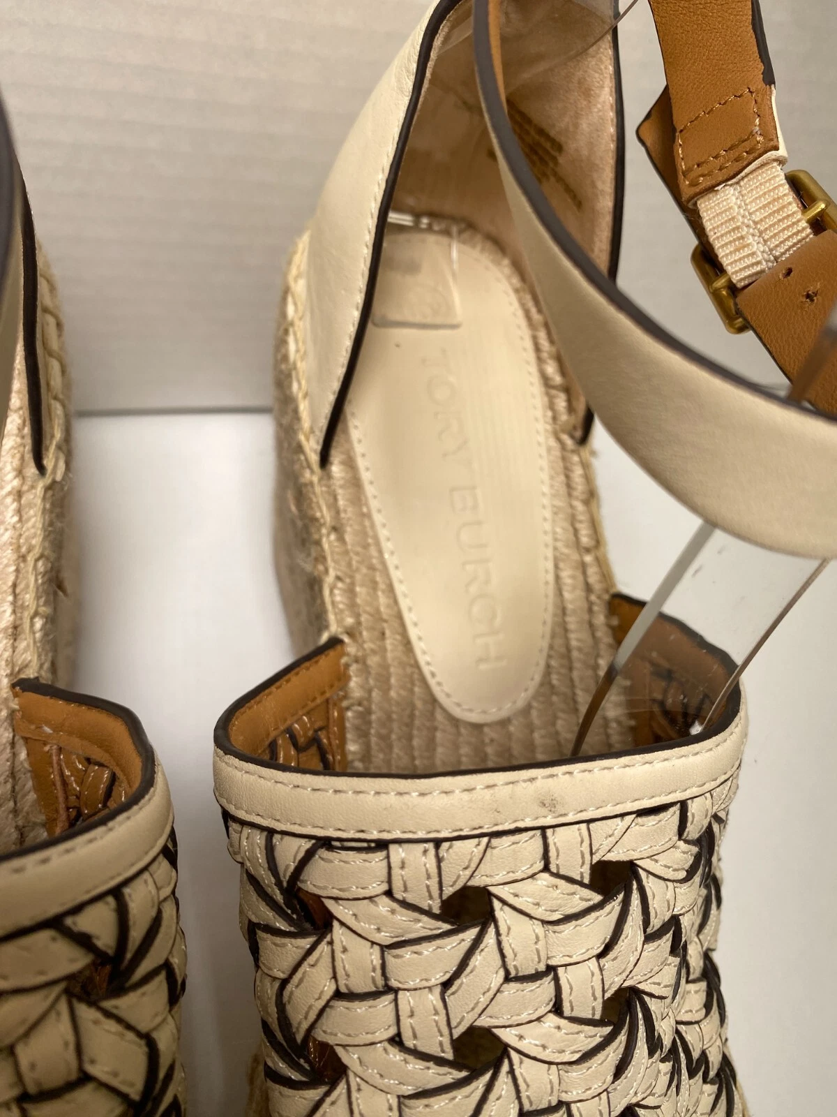 Sandalo plateau Tory Burch tessitura cestino espadrilla farina di mandorle zeppe taglia 10