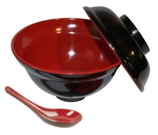 4 Set Rice Miso Soup Bowl w/ Lid and Spoon Black & Red Color 21 oz S-3424+2384x4