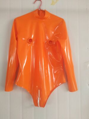 Latex Catsuit 0.45MM Gummi Orange Cosplay Club öffnen Truhe Bodys XS-XXL
