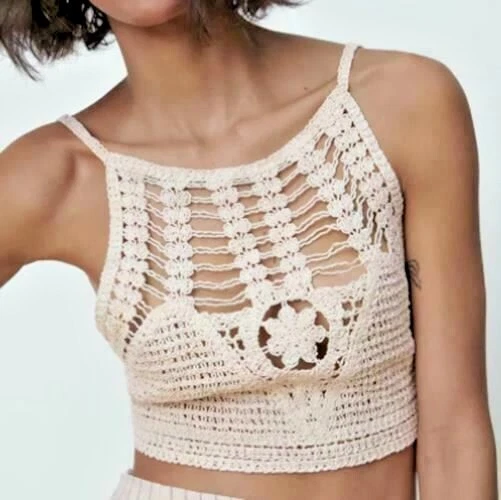 ZARA BNWT NEW. SAND CROCHET TOP ROUND NECK THIN STRAPS TIE DETAIL. 0858 034