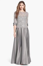 JS Collections V-Back Lace Satin A-Line Gown Sz 8 Grey Silver