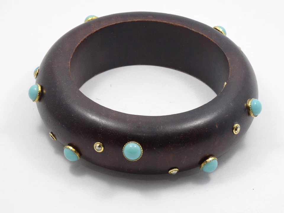 Signed BARRERA 25 mm RHINESTONE & FAUX TURQUIOSE WOODEN BANGLE BRACELET Foto 2 de 4