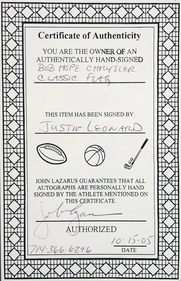 Justin Leonard Firmado Autografiado Bob Hope Chrysler Bandera Clásica con Certificado de Autenticidad Foto 3 de 3
