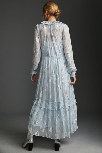 Anthropologie The Marais Chiffon Maxi Dress Shine Edition Blue Metallic S NEW - 第 3/9 張圖片