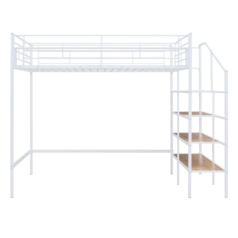Full Size Metal Loft Bed with Storage Ladder and Grid Shelf