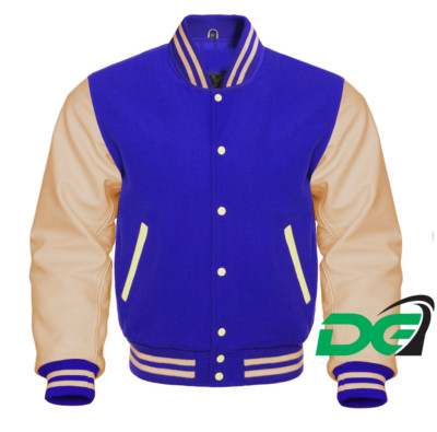 Varsity Letterman Baseball in Blue Wool and Genuine Cream Leather Sleeves JACKET