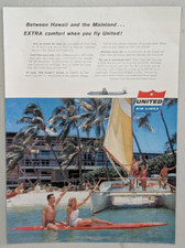 1957 United Airlines Vintage Print Ad Hawaii Resort Sailboat Beach Palm Trees