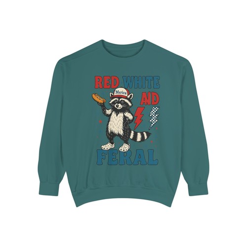 Red White and Feral Raccoon Sweatshirt Unisex Garment Dyed Funny Pullover - Picture 35 of 82