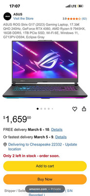 ASUS ROG Strix G17 17.3in QHD Ryzen 9 7945HX RTX 4060 16GB 1TB Gray