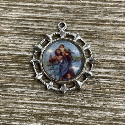 Silver Toned Religious Saint Christopher Holding Child Charm Pendant