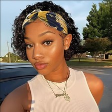 Short Curly Headband Wig Human Hair Pixie Cut Easy Wear Wave No Gel