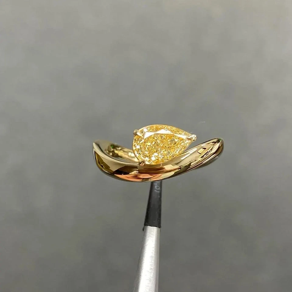 Pear Cut Fancy Vivid Yellow Lab Grown/CVD Ring Teardrop Solid 14k White Gold - image 2 of 4