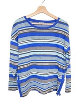 T by TALBOTS Women's Petite L Sweater Long Sleeve Striped Pullover Boxy Blue