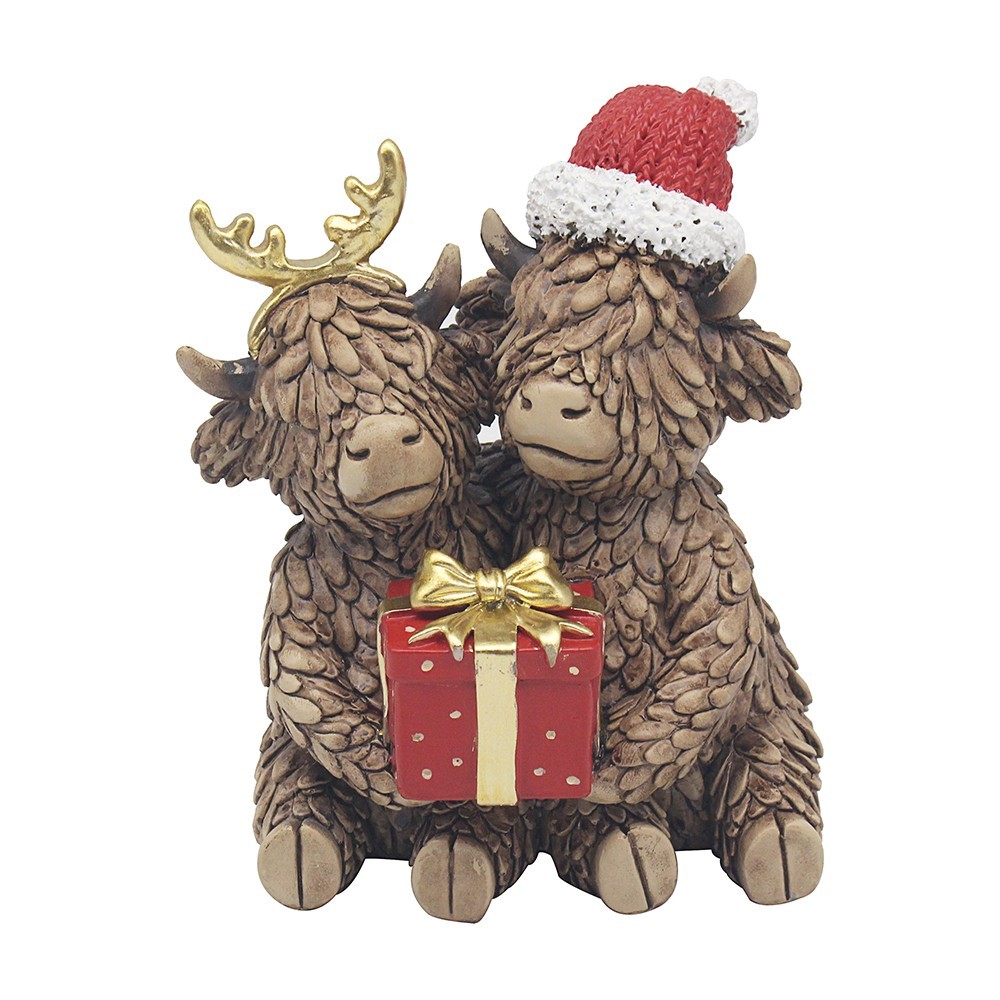 Christmas Highland Cow Couple with Gift Ornament Figurine