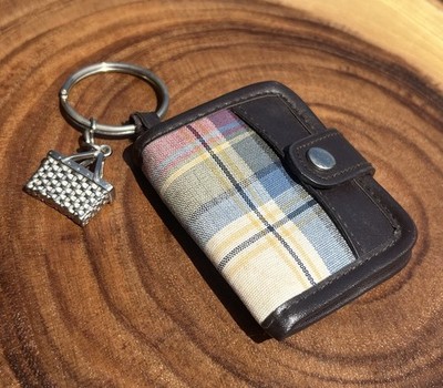 Longaberger Plaid Mini Wallet Coin Purse Keychain Basket Charm Leather Trim 