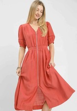 Umgee Midi Dress Orange Zip-Front Smocked Waist Short Puff Sleeves