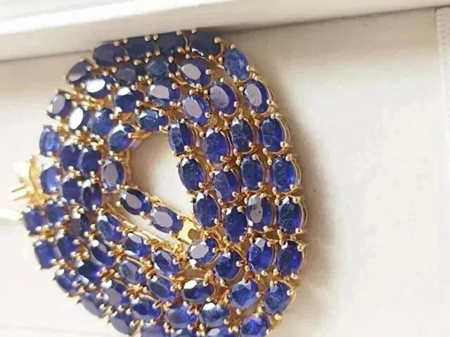 Collar Tenis 20" 9Ct Redondo Creado en Laboratorio Zafiro Azul Chapado en Oro Amarillo 14K Foto 4 de 4