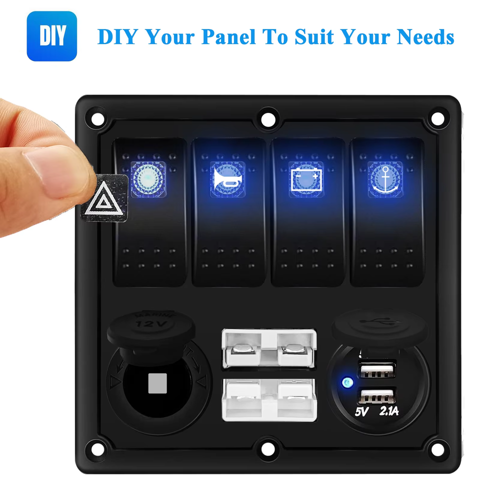 4 Way Marine Switch Panel 50A Anderson Plugs QC3.0 USB 12V Socket LED ...