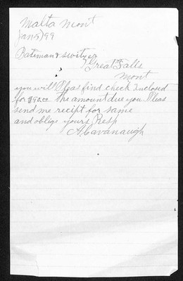 1899 ALS to Bateman-Switzer / A. Cavanaugh re: $90 Enclosed Check