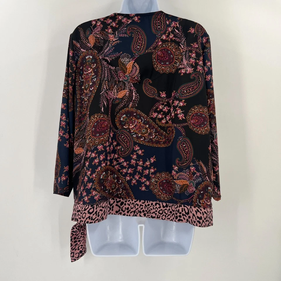 Dressbarn 女式 1X 人造裹身上衣佩斯利花卉豹纹和服衬衫加大 — 第 2/4 张图片