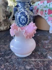 Vintage Fenton Pink Overlay Ruffled Edge Vase Handblown Opaline Glass
