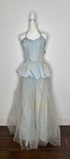 1950s Ice Blue Ball Gown Prom Halter Dress Peplum Rhinestones Tulle XS Vintage