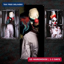 3 Pcs Halloween Clown Decorations Kit, 1 Creepy Clown Door Cover and 2 Window Co