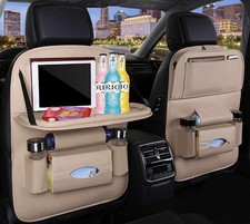 Backseat Car Organizer Foldable Tray Tablet Holder PU Leather Storage Beige