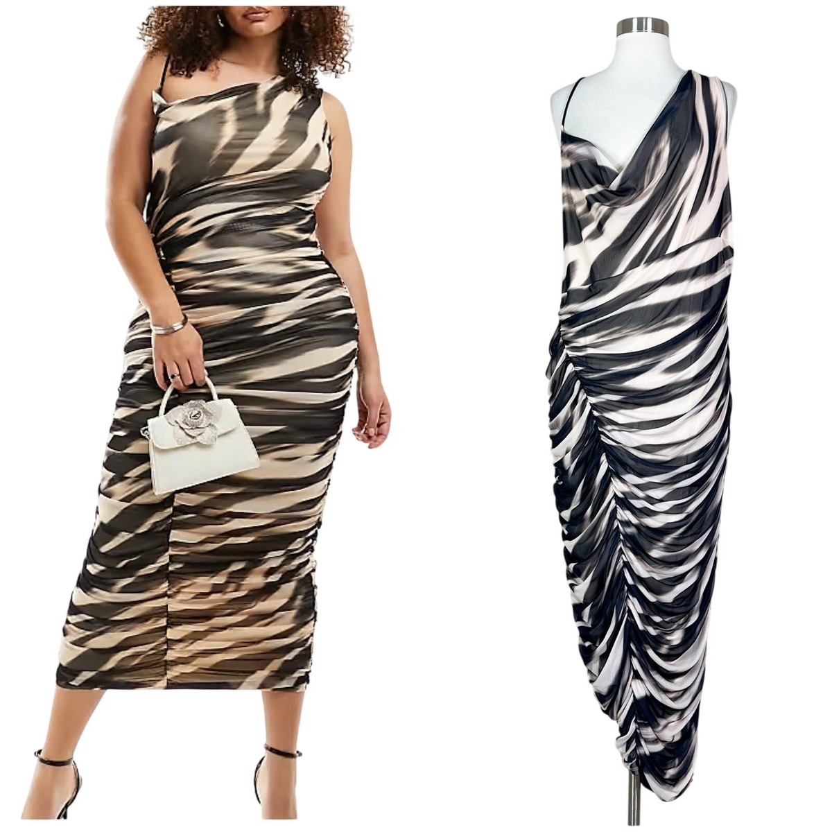ASOS Curve | Draped Ruched Plus Size Bodycon Mesh Black Cream Midi Dress 16  | eBay