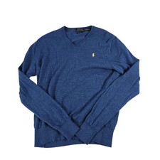 Polo Ralph Lauren Mens Blue Merino Wool V-Neck Sweater Custom Fit Medium 12148