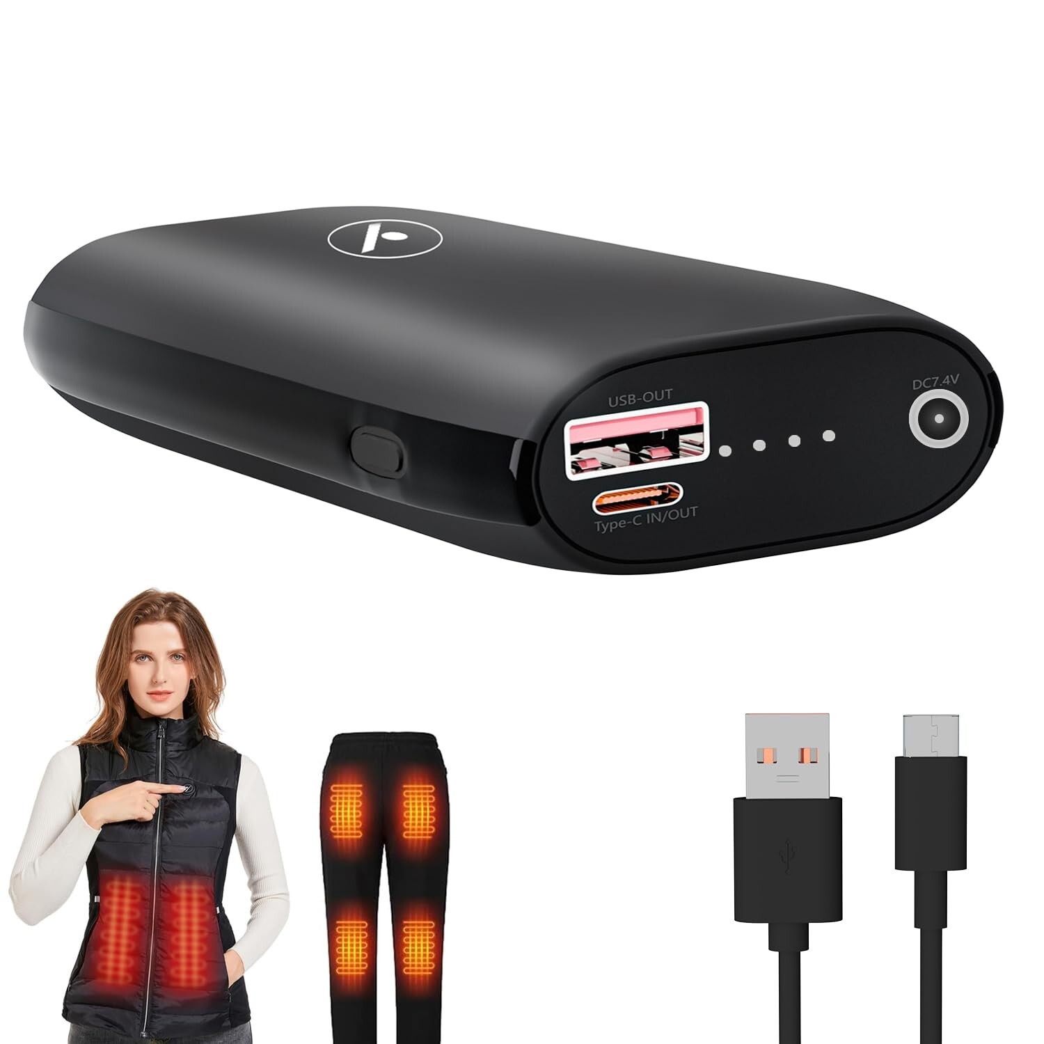 Heated Vest Battery Pack, 10000mAh 7.4V/5V Battery Pack with USB-C&DC Port, F...