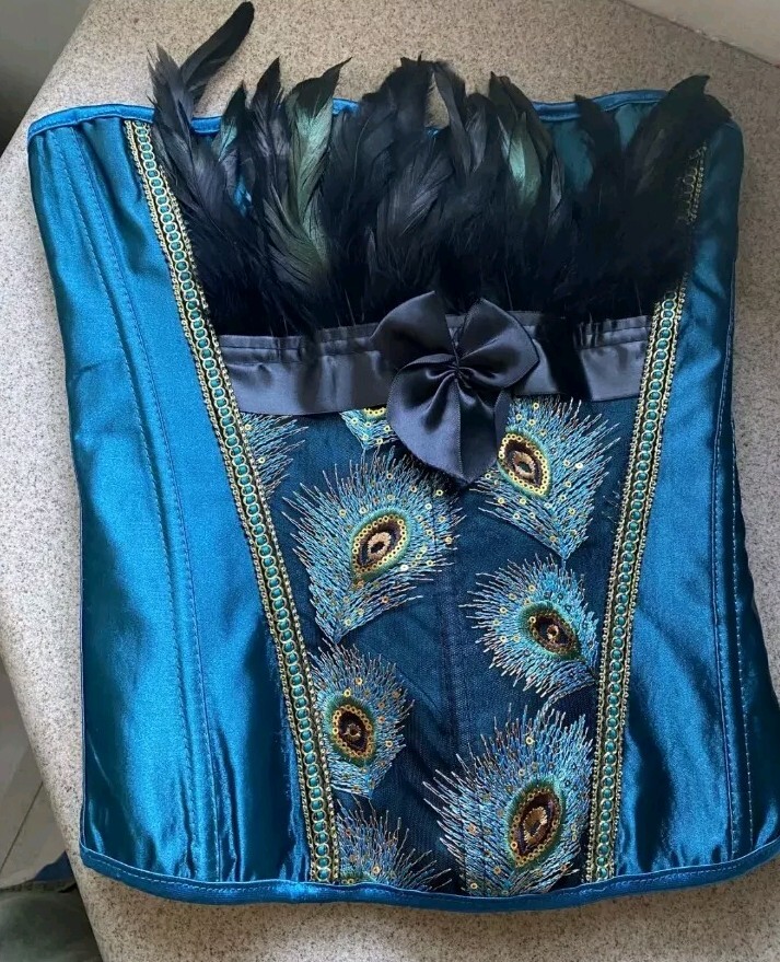 Blue Satin Womens 3XL Plus Corset Teal Peacock Embroidery Feathers Lace