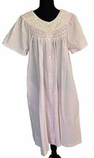 Miss Elaine Seersucker Nightgown House Dress 1X Pink Stripe with Embroidery